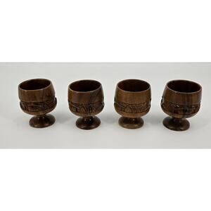 Vintage Hand-Carved Wooden Tiki Bar Aloha Goblets – Set of 4
